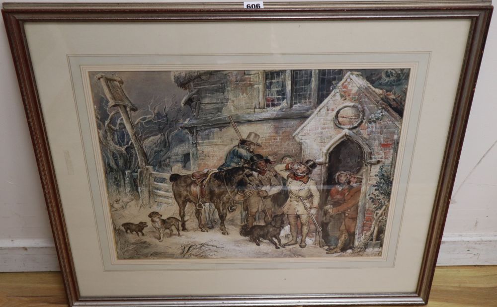 Attributed to Henry Stacy Marks (1829-1898), watercolour, A Welcome Drink; Figures outside an inn in winter, initialled, 44 x 55cm